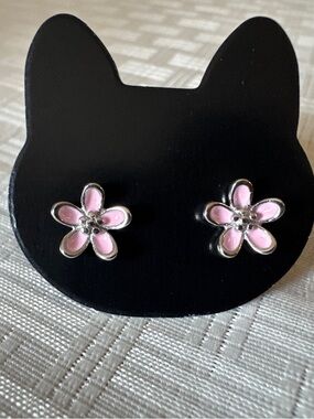 Solid Sterling Silver 925 Pink Enamel Flower Stud Earrings